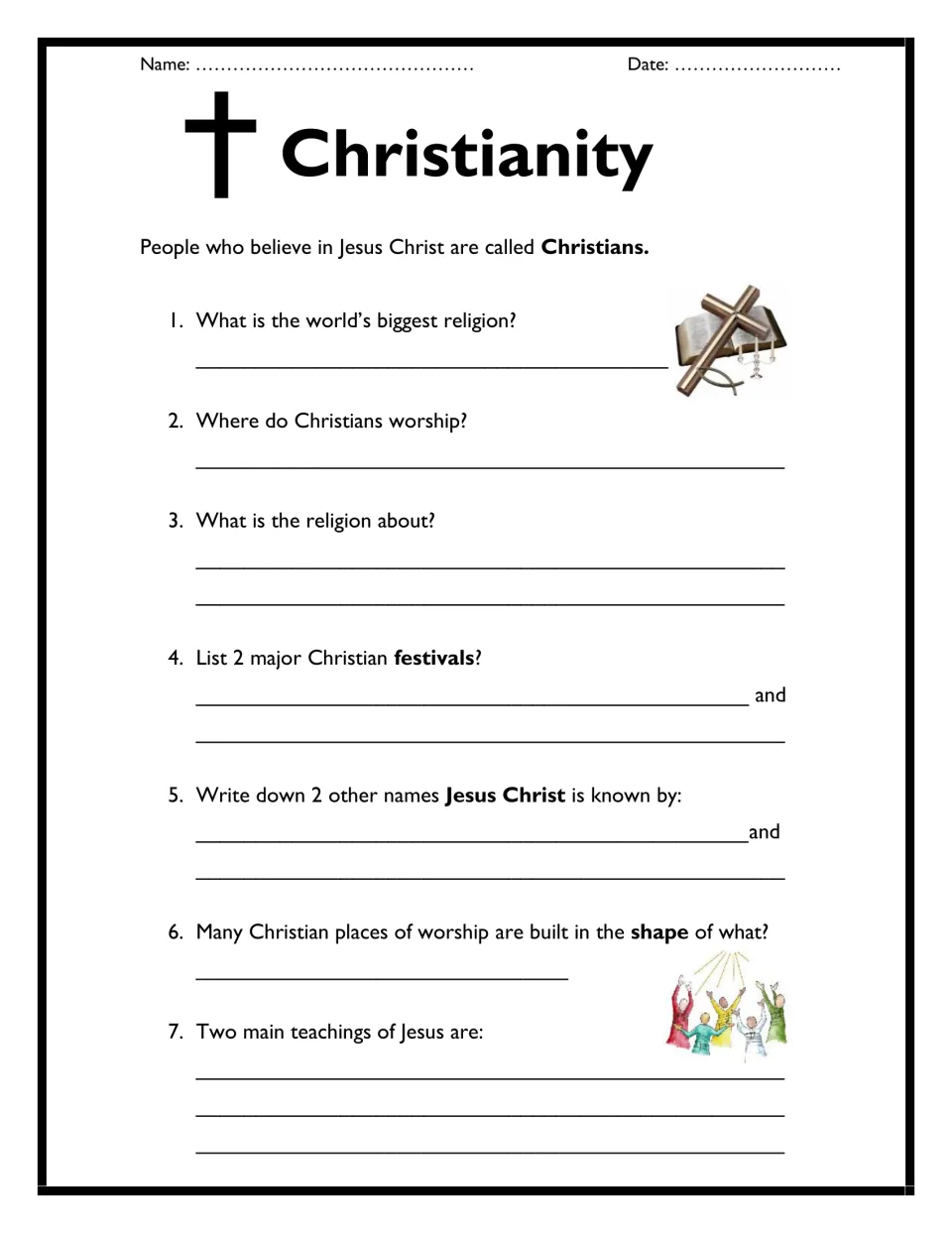 Christianity research questions: students write answers on worship, festivals, other names for Jesus and his teachings