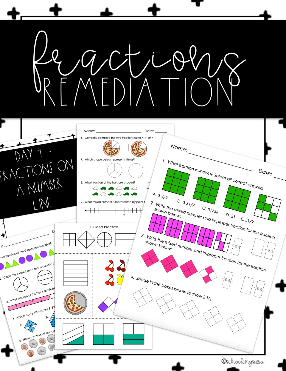 Cover of the fraction remediation plan showing samples of guided practice and independent fraction tasks.