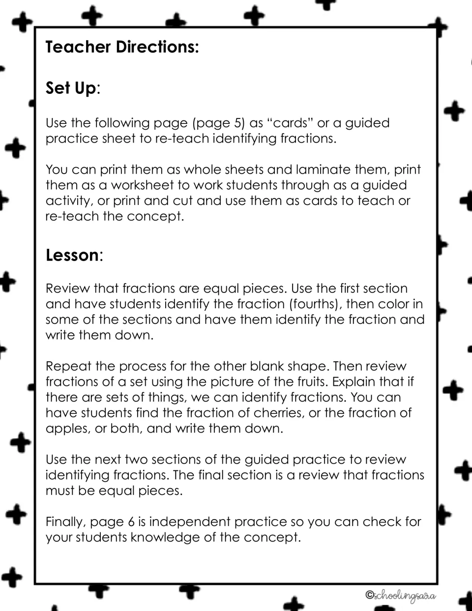 Day 1 teacher directions for identifying fractions using equal parts, shaded shapes, and sets of fruit.