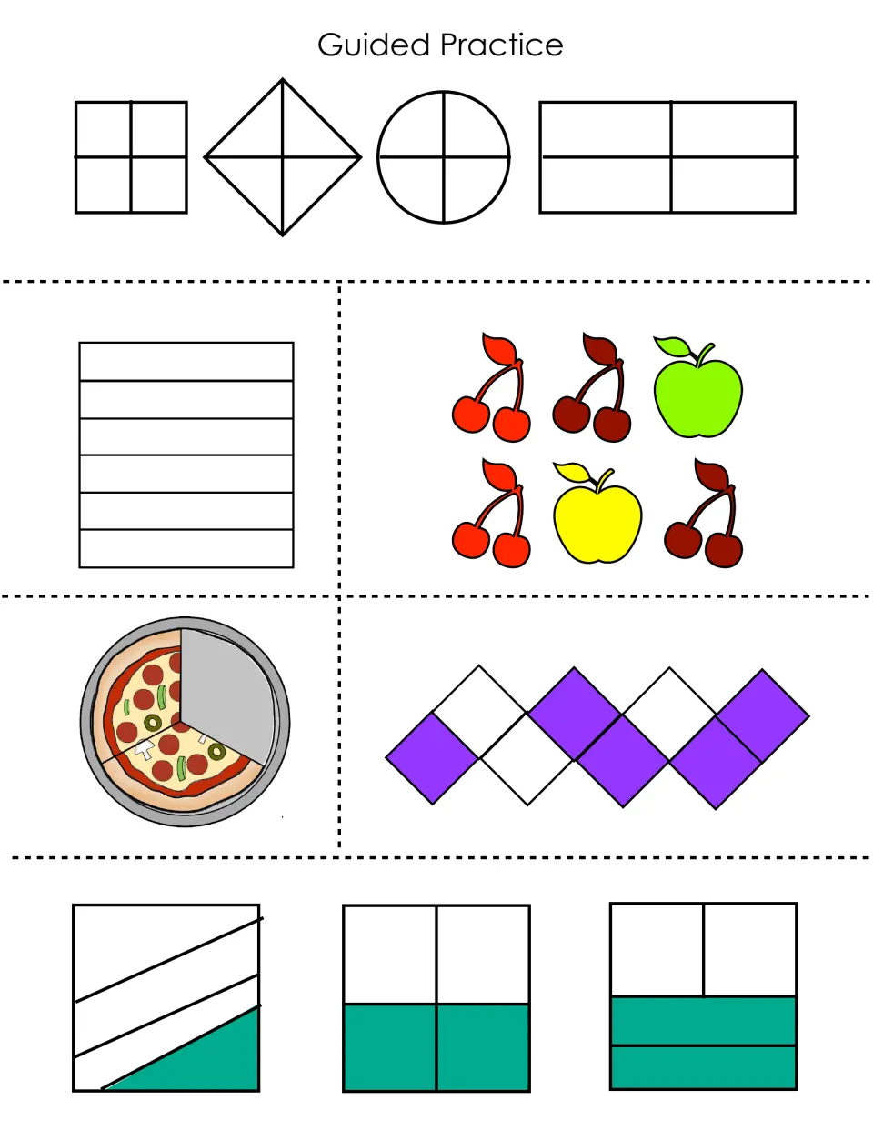 Day 1 guided practice for identifying fractions using divided shapes, fruit, pizza, and shaded diamonds.