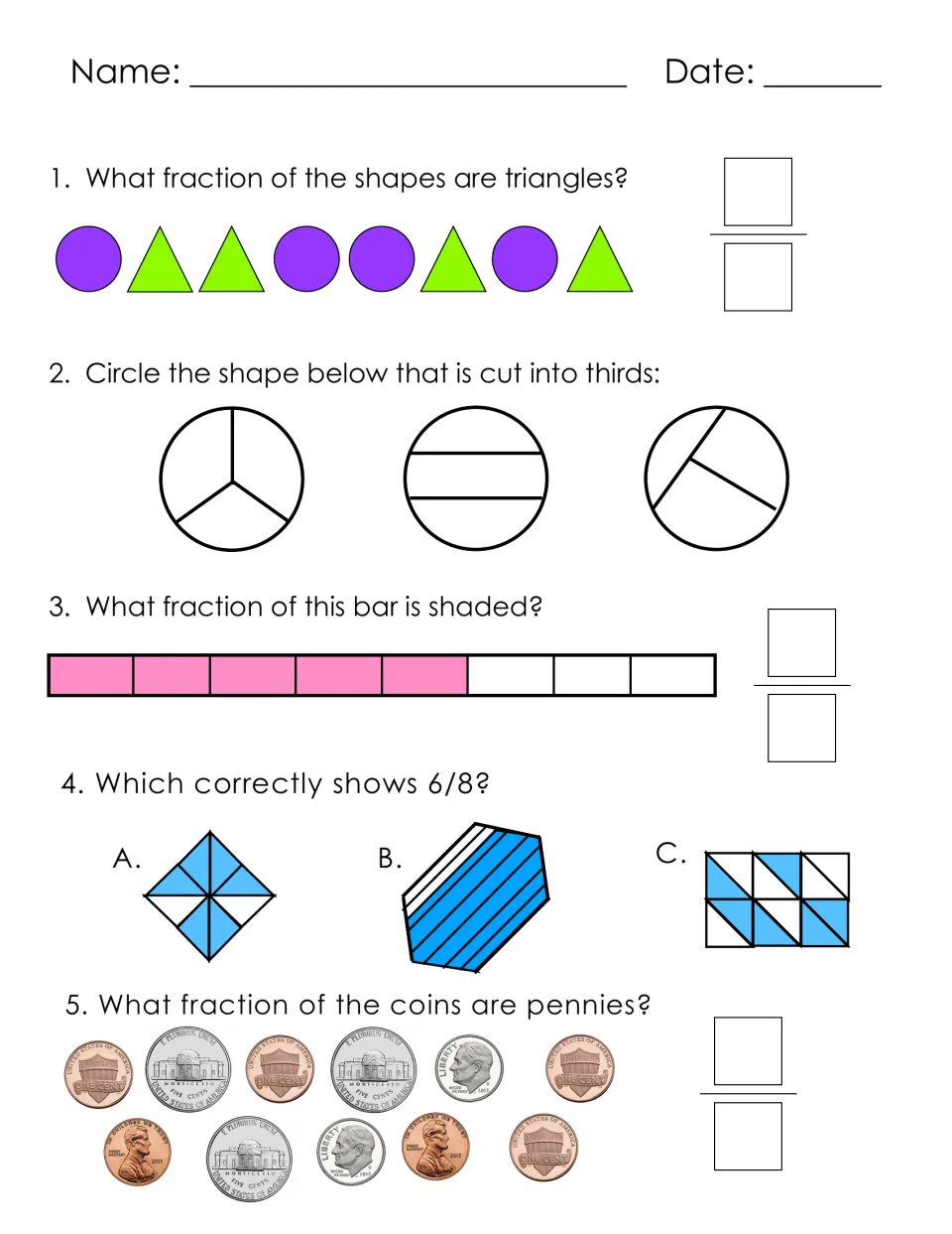 Day 1 independent practice: five questions on triangles, thirds, a shaded bar, a model of 6/8, and pennies.