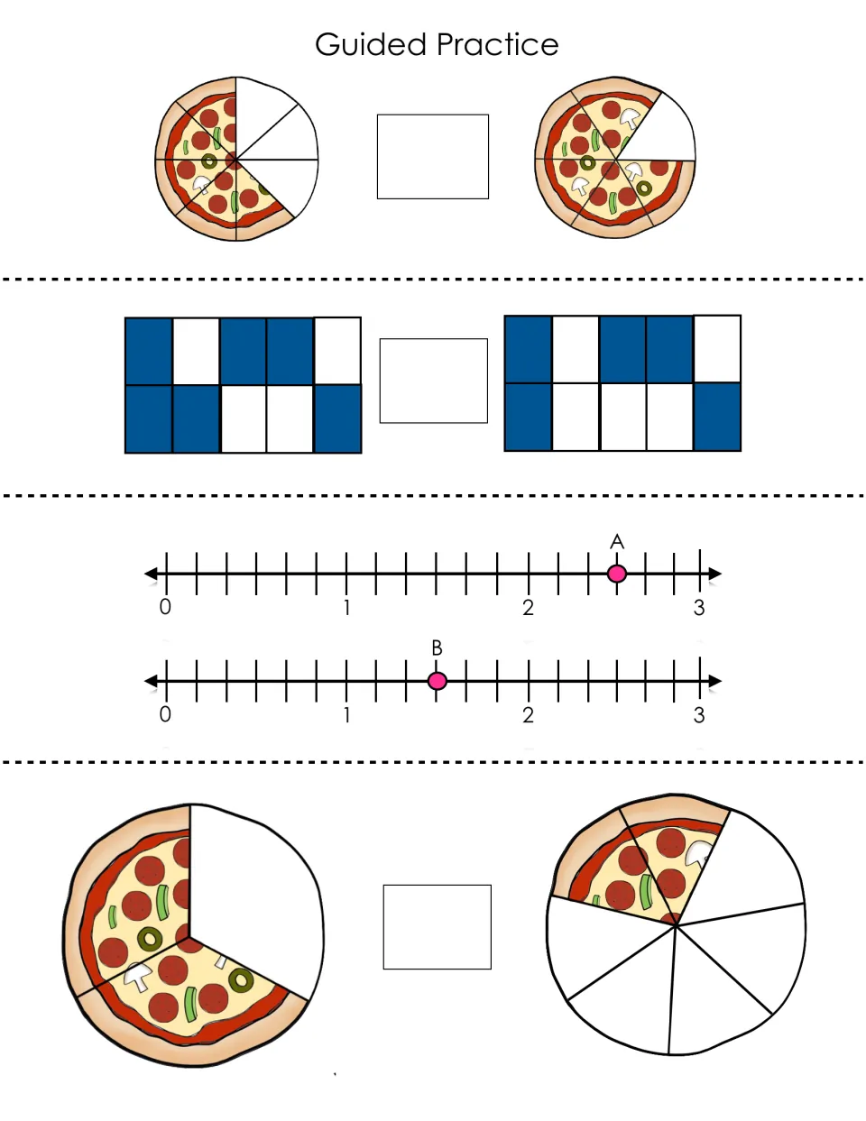 Day 2 guided practice: four fraction comparisons using pizza models, shaded rectangles, and number-line points.