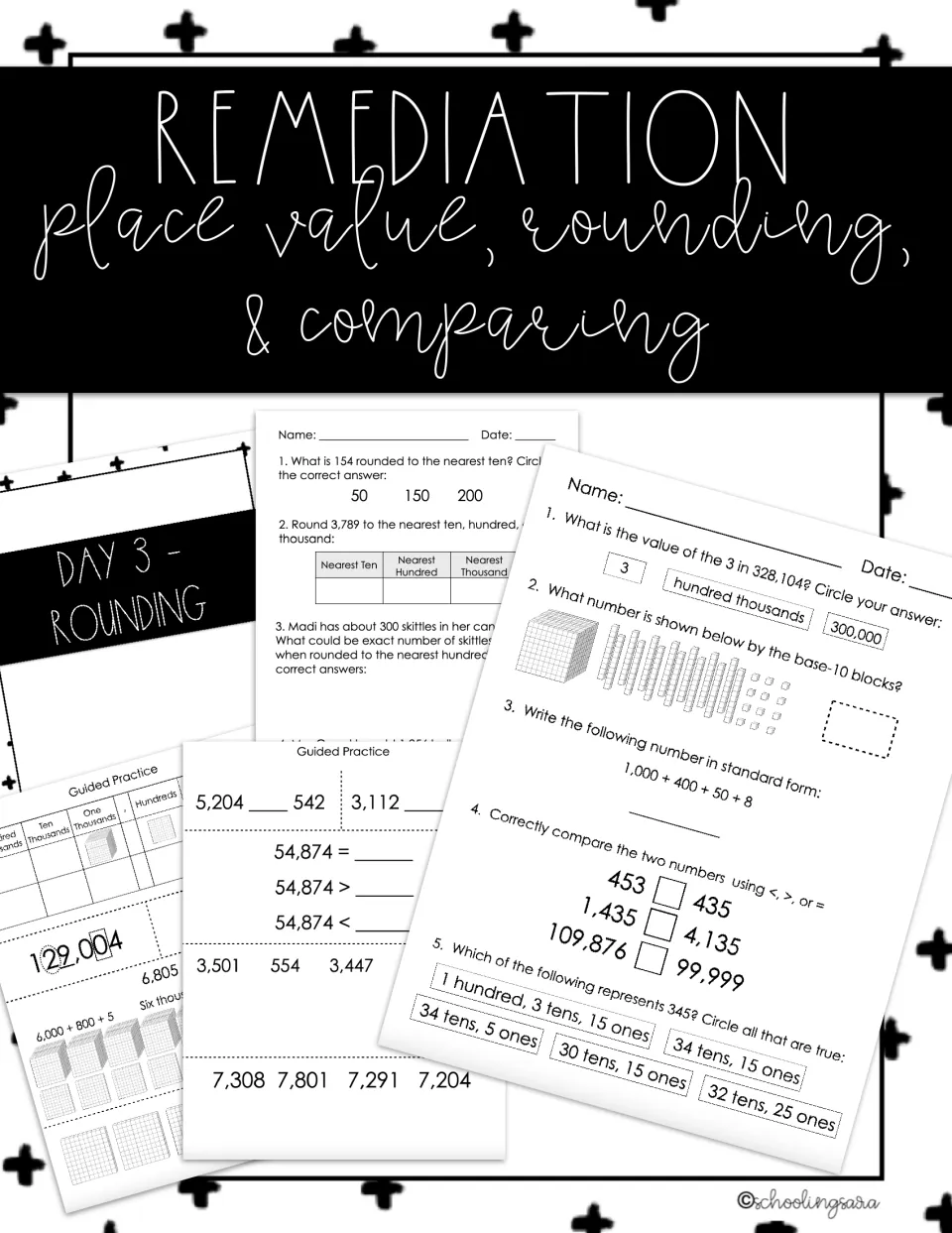 Remediation cover for place value, rounding and comparing, showing Day 3 rounding title and sample practice sheets