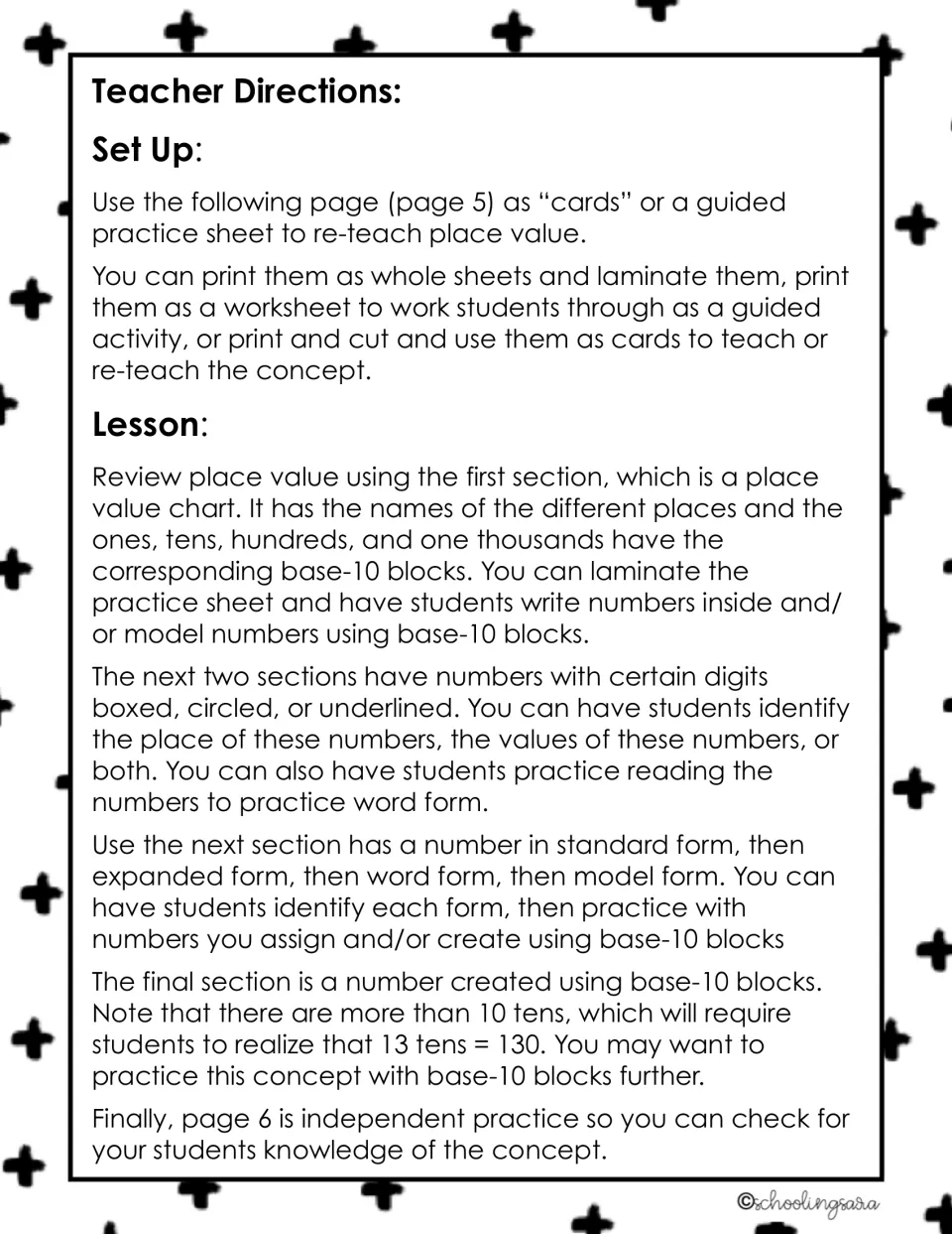 Day 1 teacher directions for re-teaching place value: chart, digit value, standard, expanded and word form, base-10 blocks