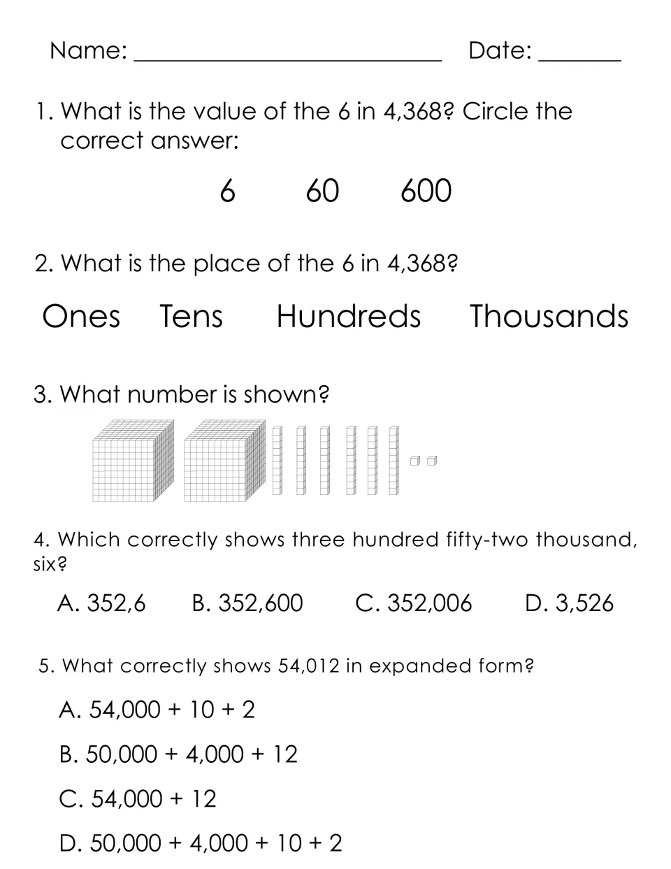 Place value check: students find value and place of 6 in 4,368, name a base-10 model, and pick word and expanded forms