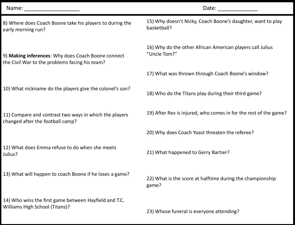 Film questions 8-23: students recall plot events in order, plus a making-inferences and a compare-and-contrast item