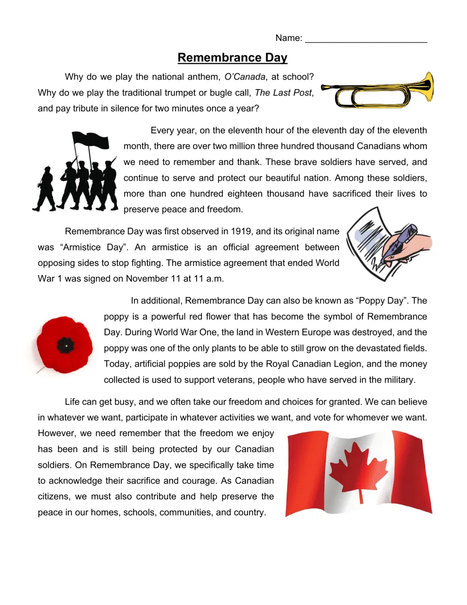 Remembrance Day reading passage covering Armistice Day, the 1919 start, the poppy symbol and Canadian soldiers