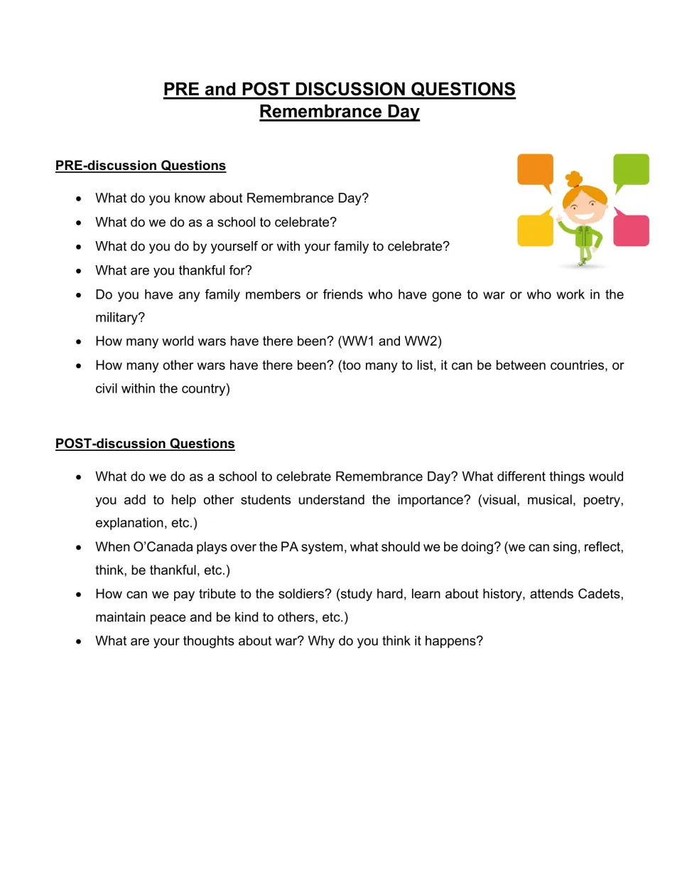 Pre- and post-discussion questions for Remembrance Day, such as 'What do you know about Remembrance Day?'