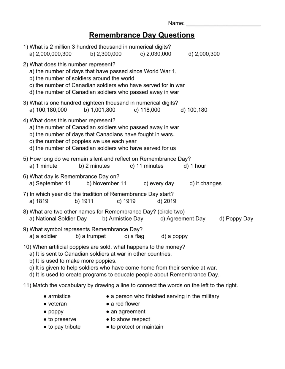 10 multiple-choice questions on the passage plus a vocabulary match: armistice, veteran, poppy and two more