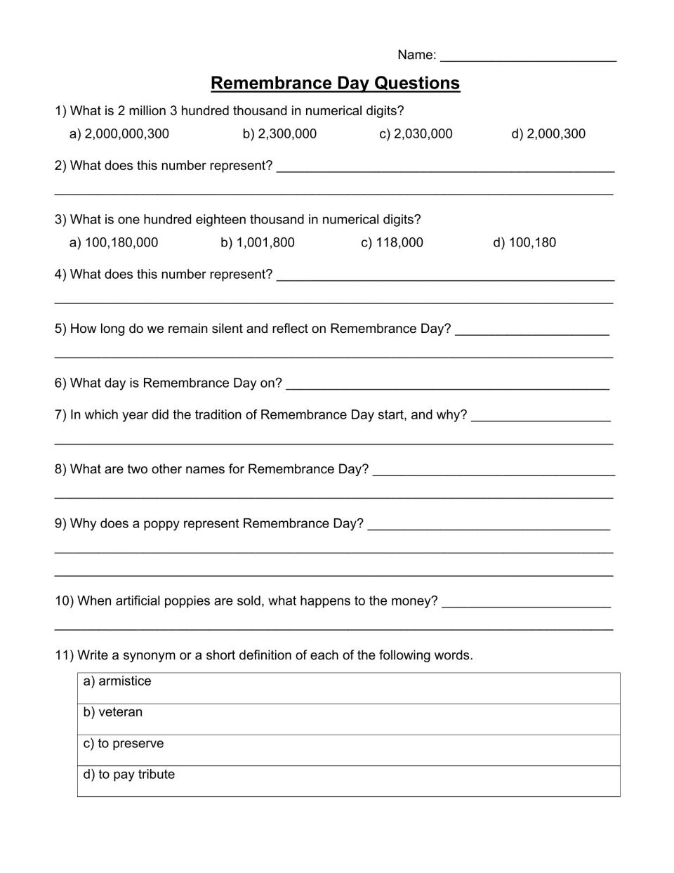 Short-answer questions, such as 'Why does a poppy represent Remembrance Day?', plus four words to define