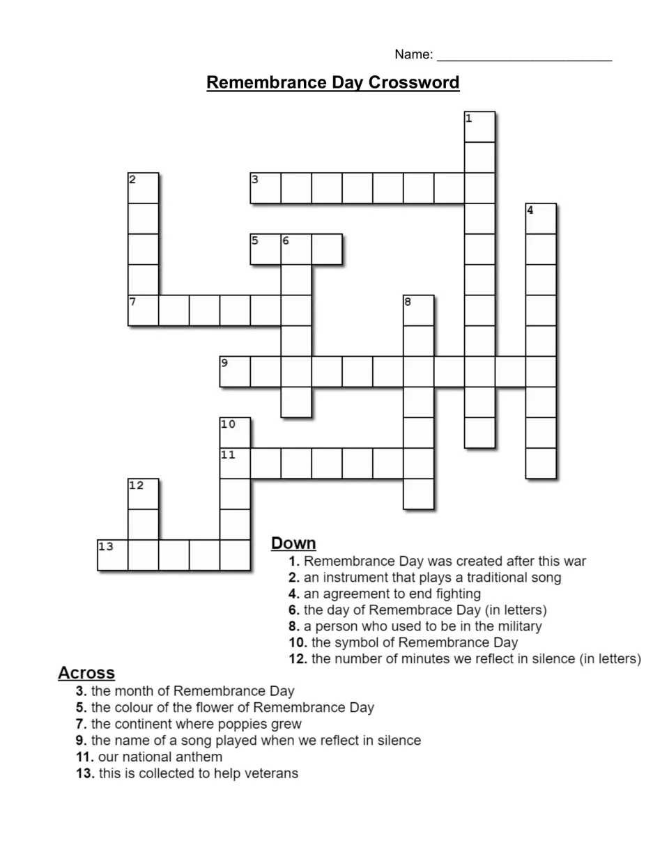 Remembrance Day crossword with 13 clues, such as 'the month of Remembrance Day' and 'an agreement to end fighting'