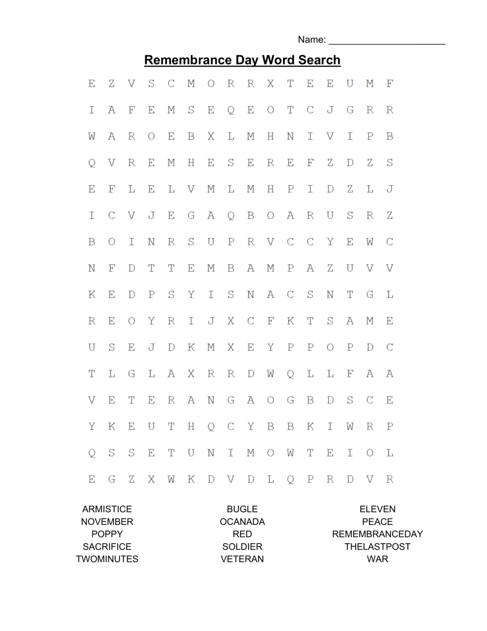 Remembrance Day word search with 15 words, including ARMISTICE, BUGLE, POPPY, VETERAN and THELASTPOST