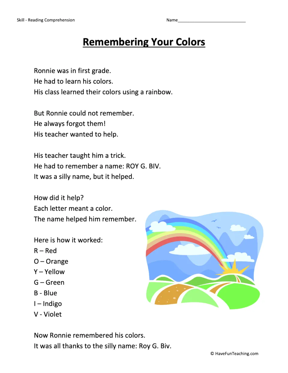 Reading passage about Ronnie learning rainbow colors with ROY G. BIV, with each letter matched to a color.