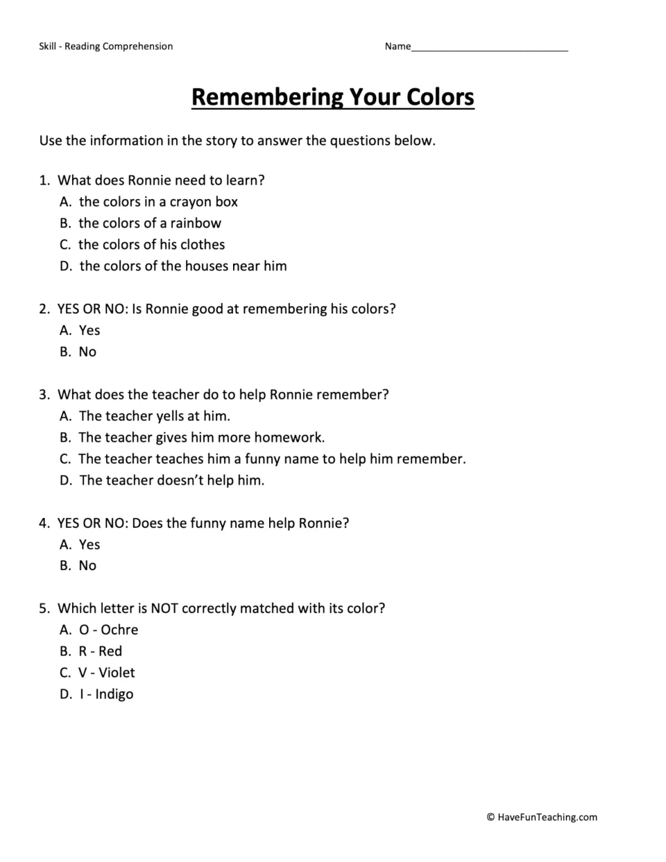 Five comprehension questions about Ronnie's rainbow colors, his teacher's memory trick, and letter-color matches.