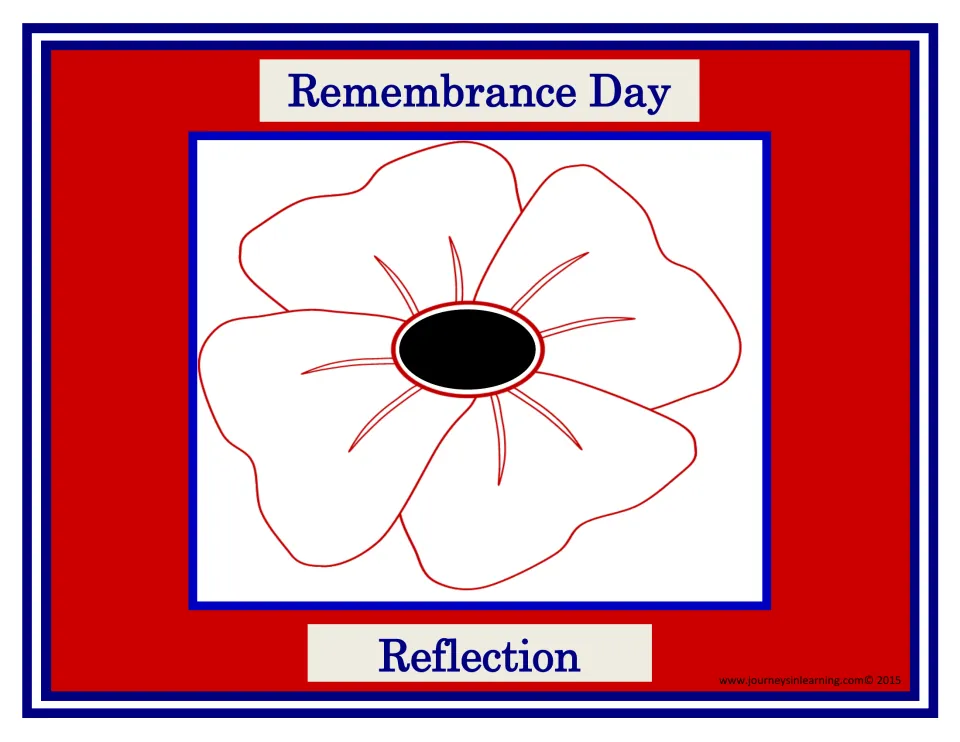 Remembrance Day Reflection cover: title above and below a large poppy drawn in red outline with a black centre
