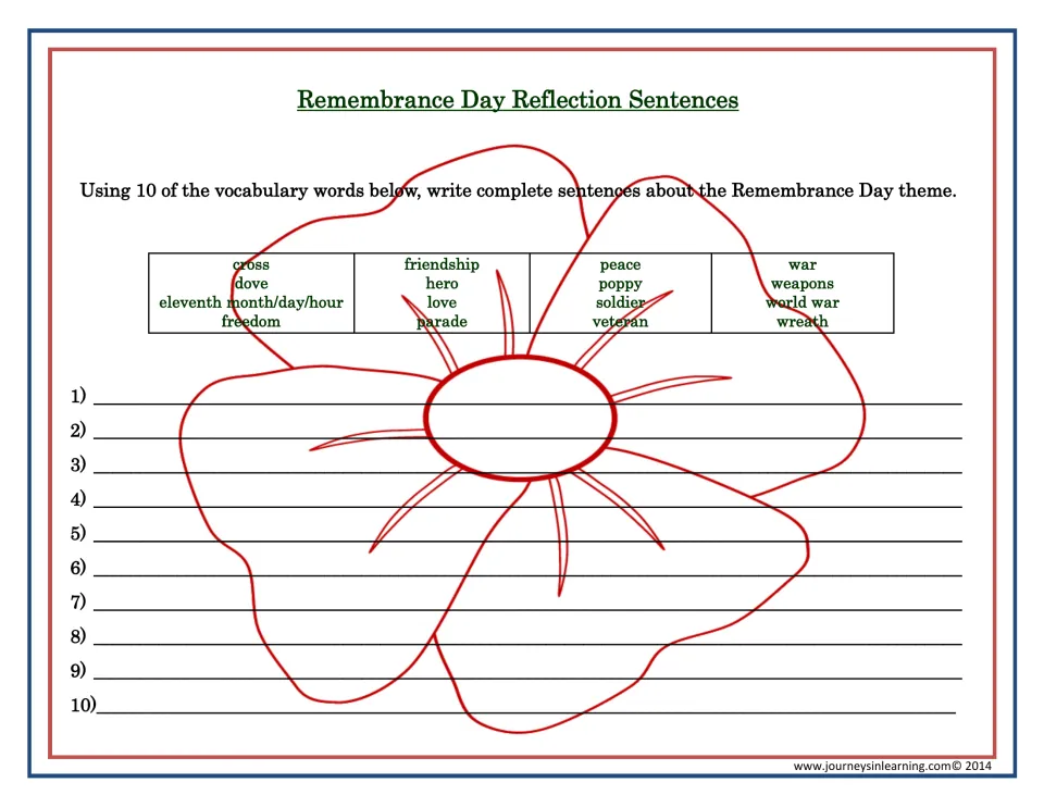 Reflection sentences: students choose 10 words such as poppy, veteran, peace and wreath and write 10 complete sentences