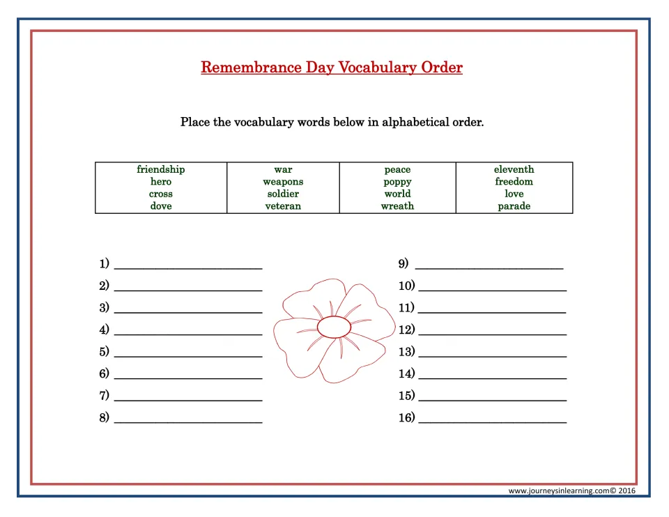 Vocabulary order: students put 16 theme words, from cross and dove to world and wreath, in alphabetical order