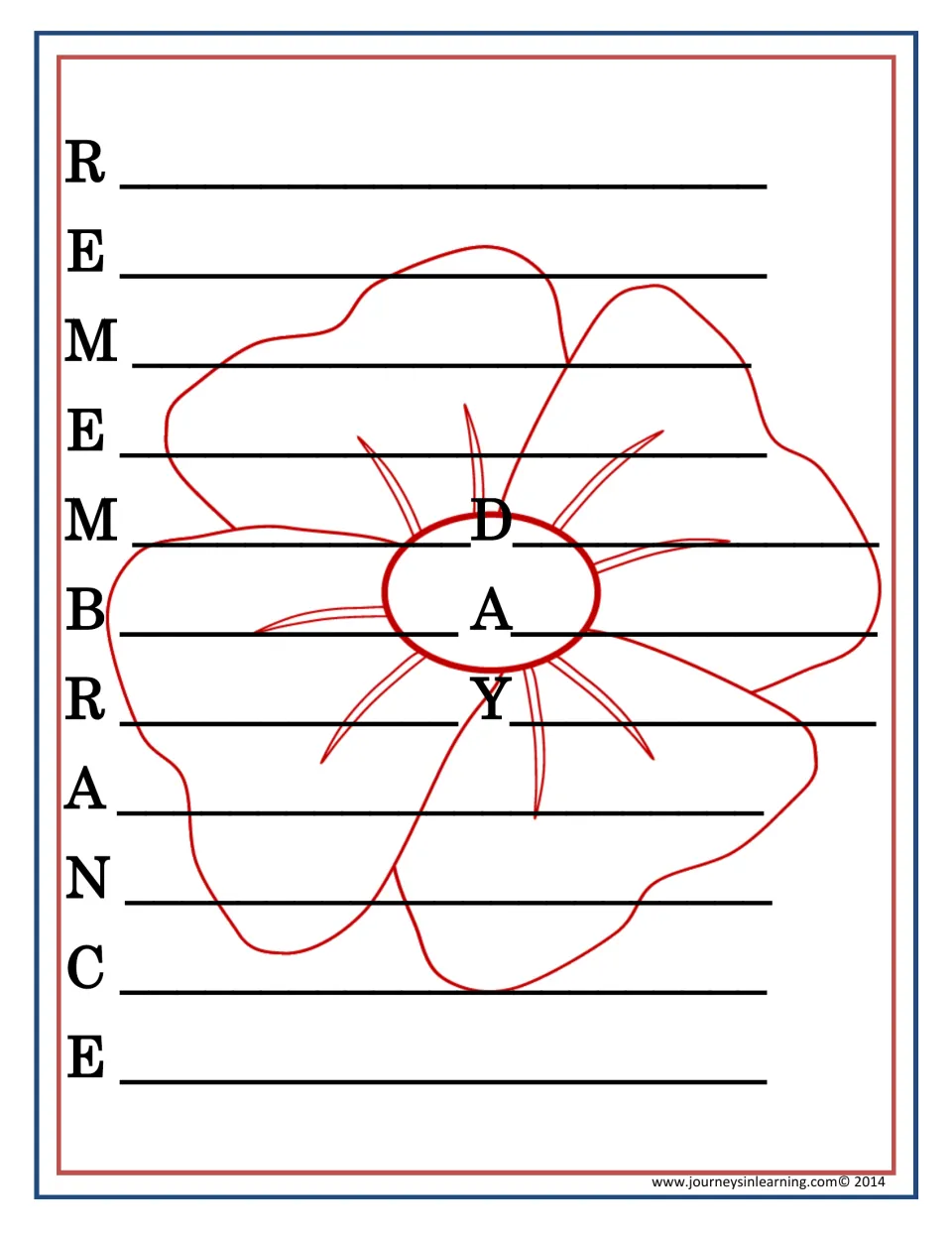 Acrostic poem: students write a line for each letter of REMEMBRANCE down the side and DAY in the centre of a poppy