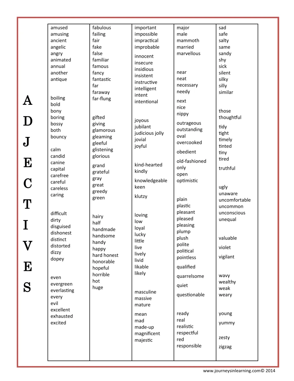 Adjectives list from amused to zigzag, grouped alphabetically, for students to draw on when describing in their writing