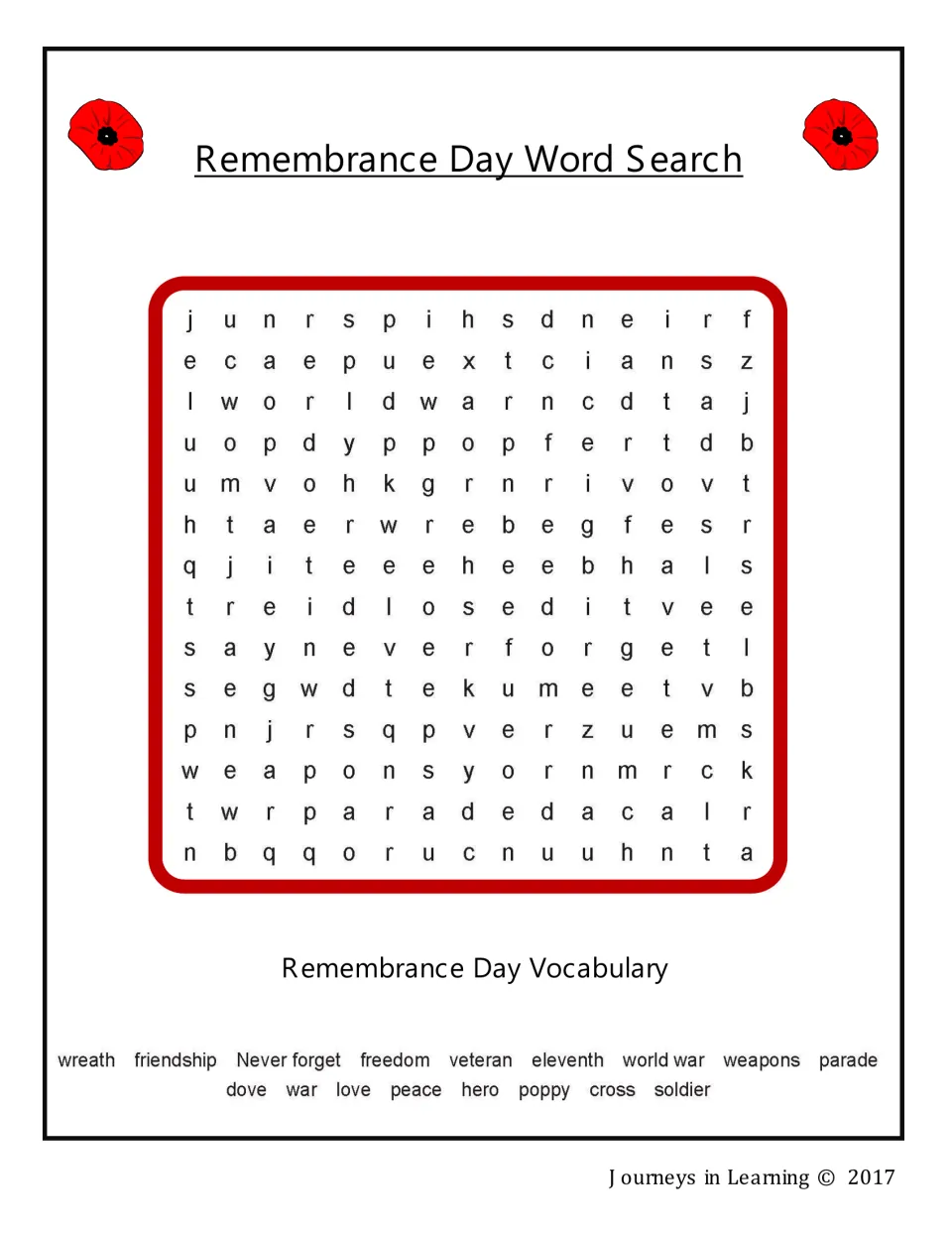 Word search: students find 17 theme words and phrases including never forget, poppy, veteran and soldier in a letter grid