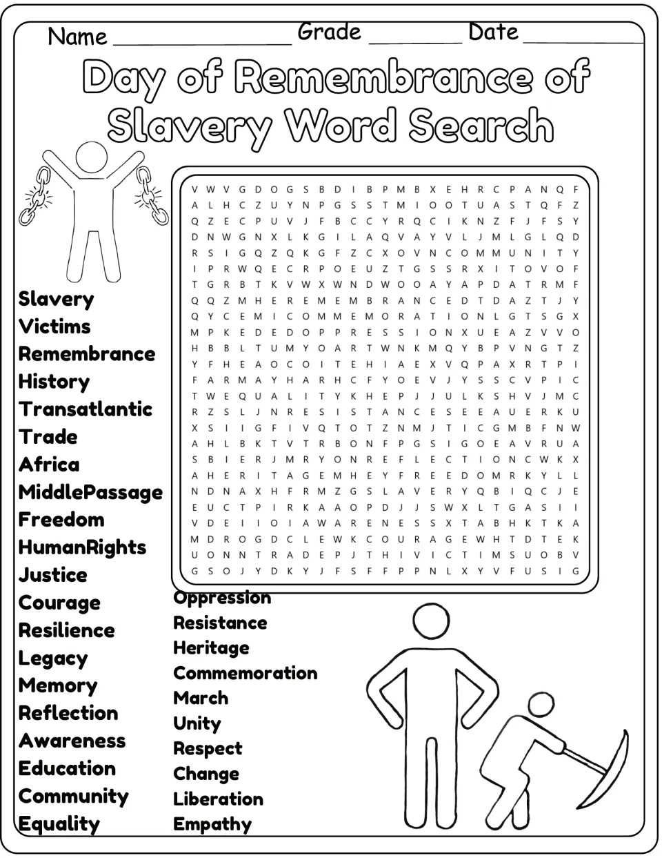 Black-and-white version of the slavery remembrance word search, with Freedom, HumanRights, Justice, and Courage