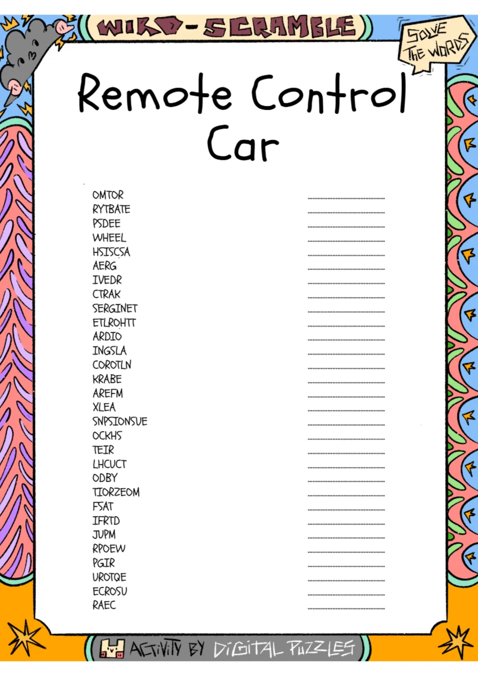 Remote control car word scramble: students unscramble 30 words such as OMTOR, RYTBATE and PSDEE and write each answer