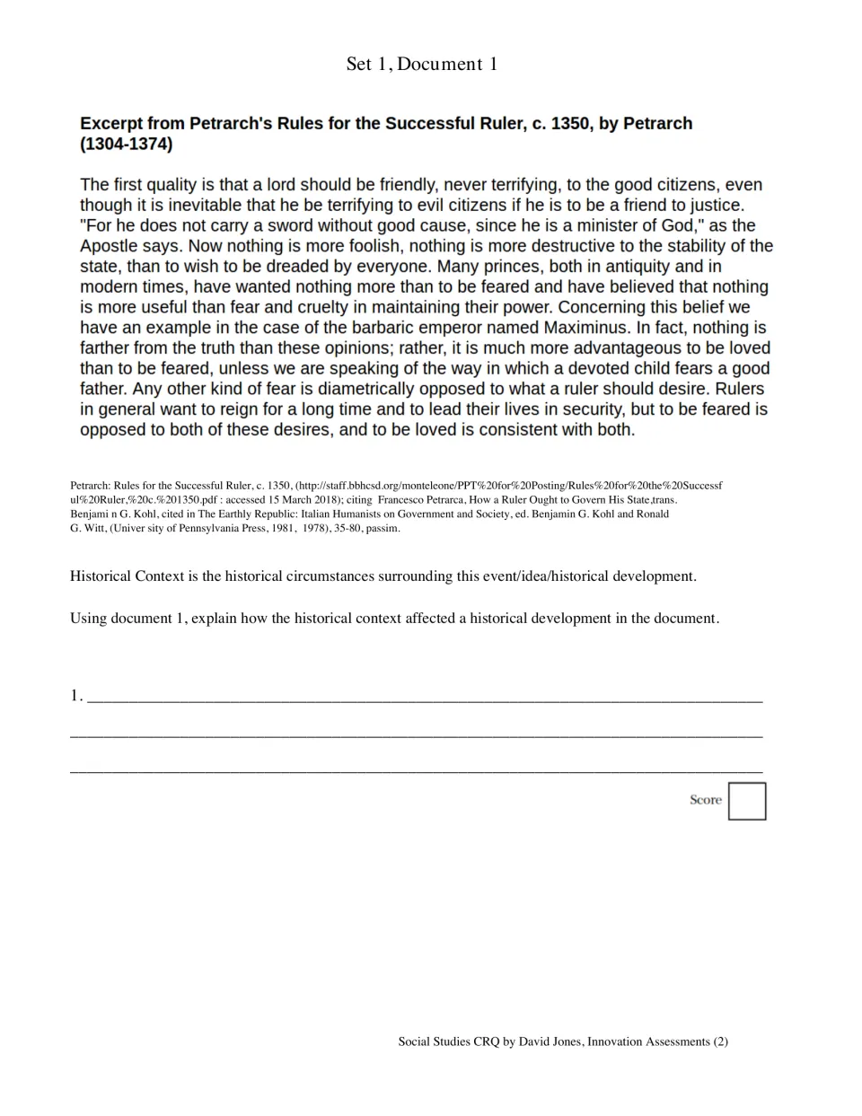 Petrarch's Rules for the Successful Ruler excerpt: students explain how historical context shaped his view of rulers