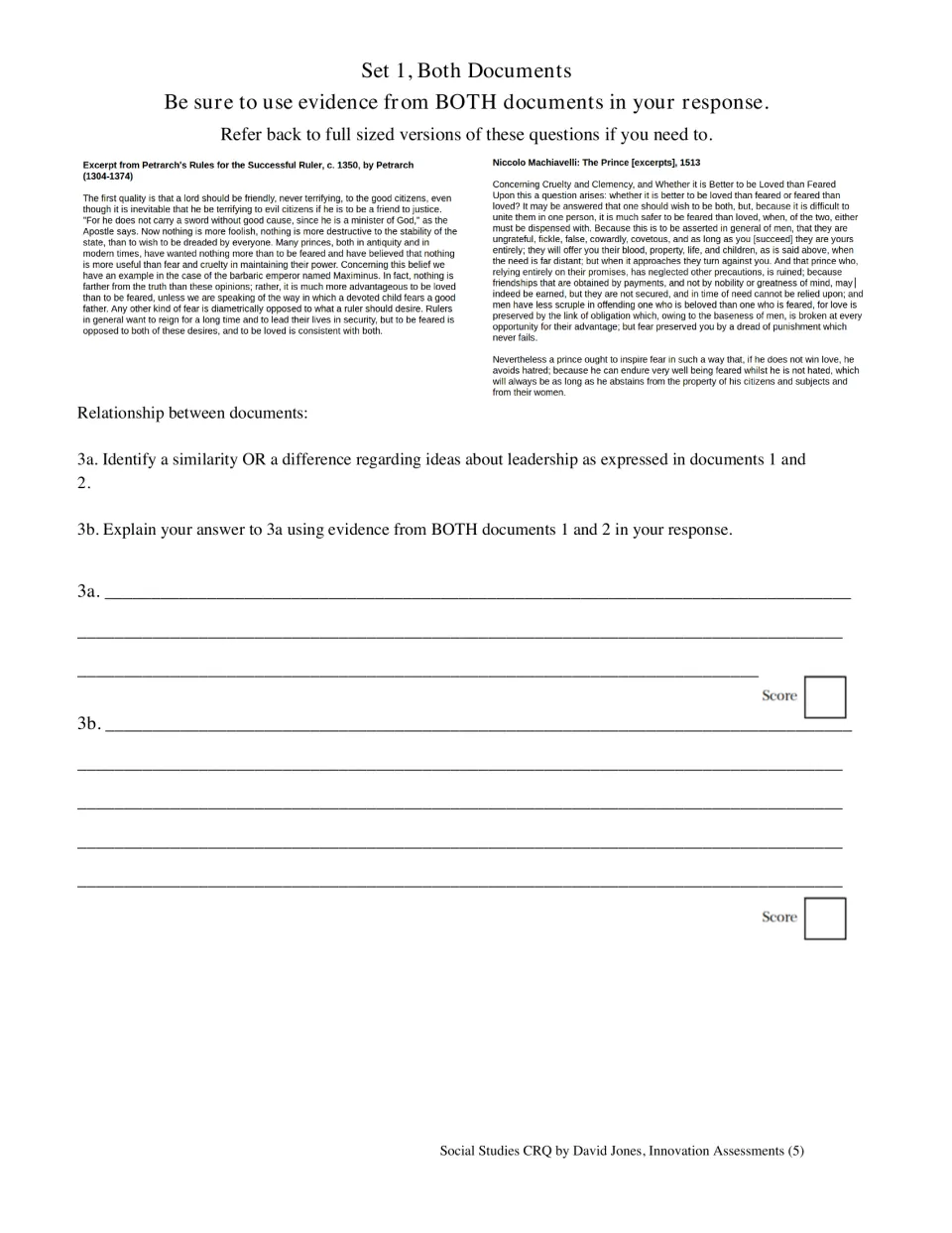 Petrarch vs. Machiavelli on leadership: students compare both excerpts, naming a similarity or difference with evidence