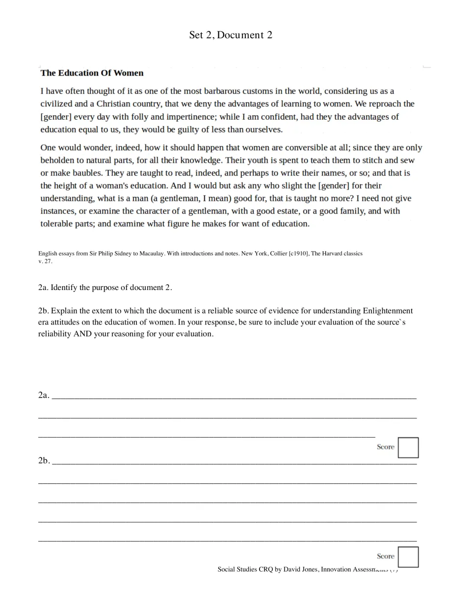 The Education of Women essay excerpt: students identify its purpose and weigh its reliability on Enlightenment attitudes