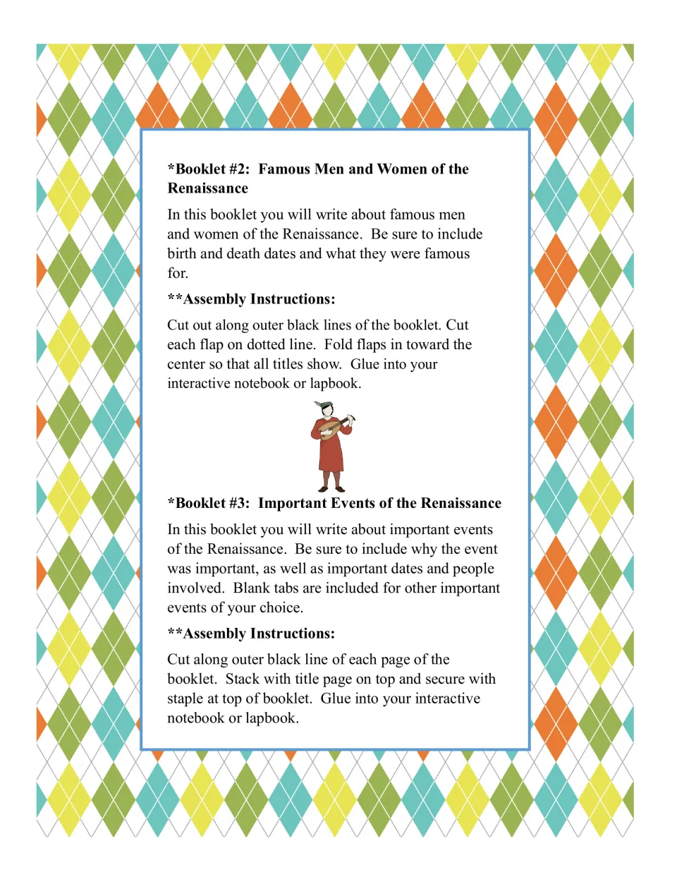 Instructions for the famous-people and events booklets, including what to write and how to assemble each