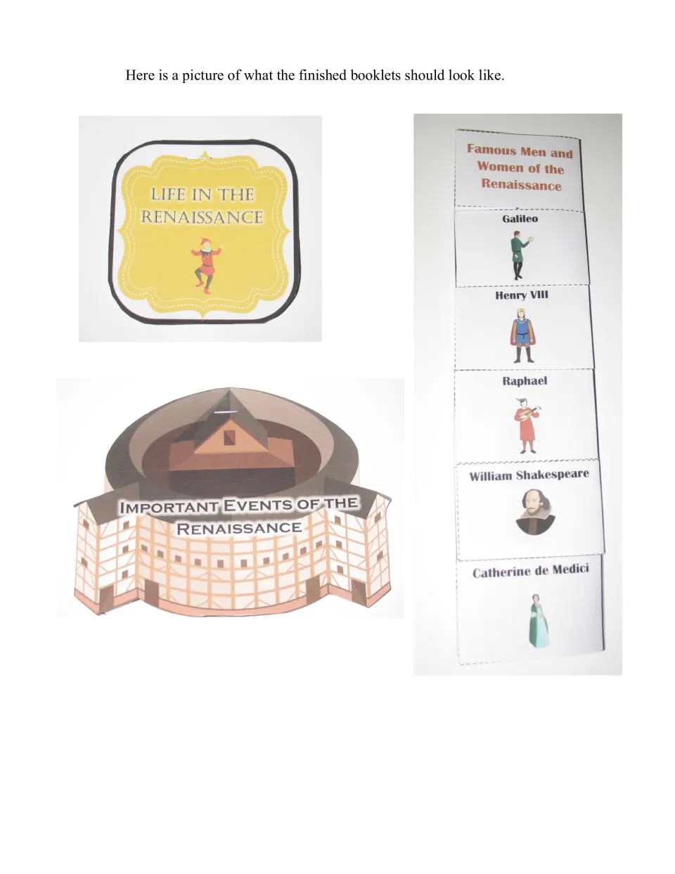 Finished examples of the three Renaissance booklets: life, famous men and women, and important events