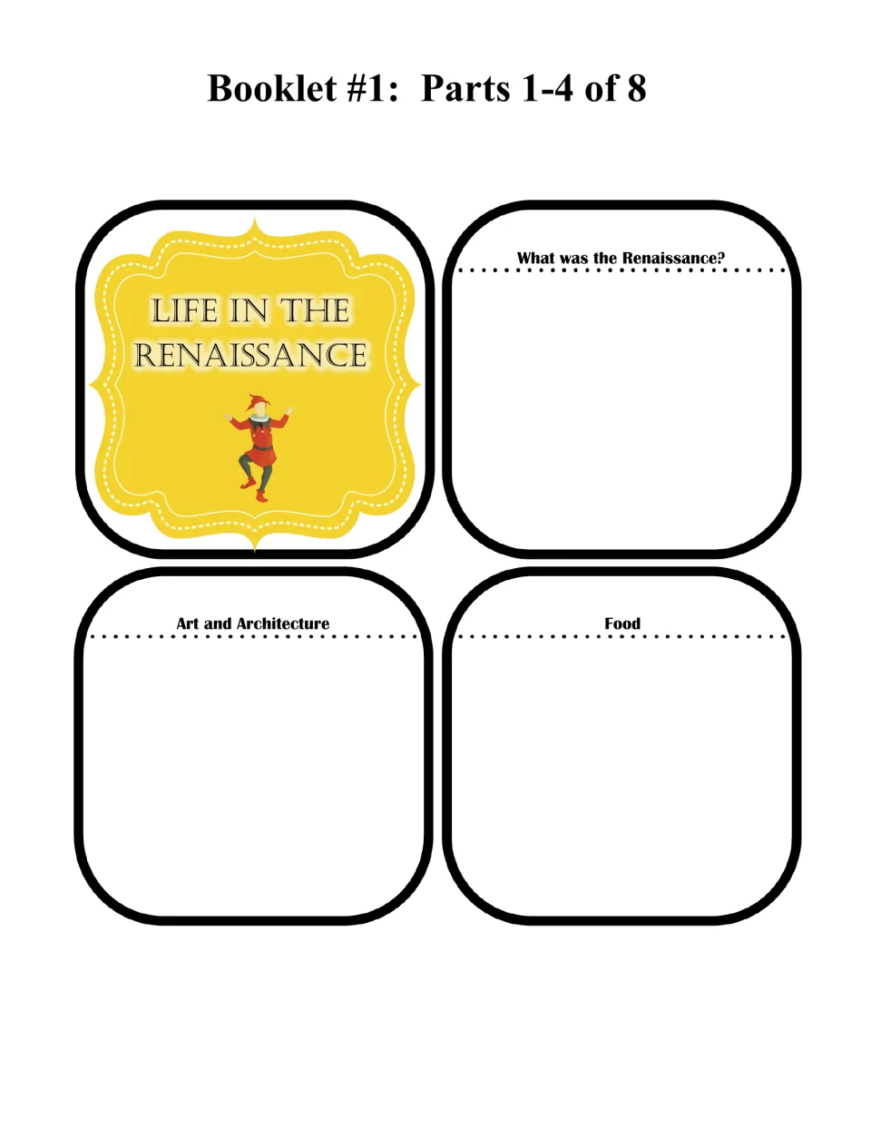 Life booklet parts 1–4 of 8: cover, What was the Renaissance?, Art and Architecture, and Food writing pages
