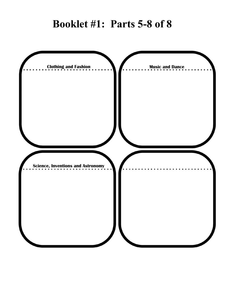 Life booklet parts 5–8: Clothing and Fashion; Music and Dance; Science, Inventions and Astronomy; blank page