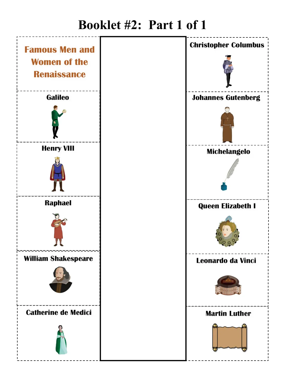 Famous-people booklet template with 11 named flaps, including Galileo, Henry VIII, Raphael, and Shakespeare