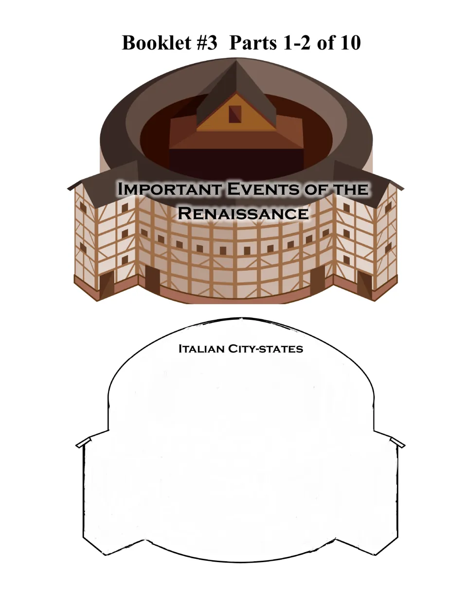 Events booklet parts 1–2 of 10: Important Events of the Renaissance cover and Italian City-states writing page
