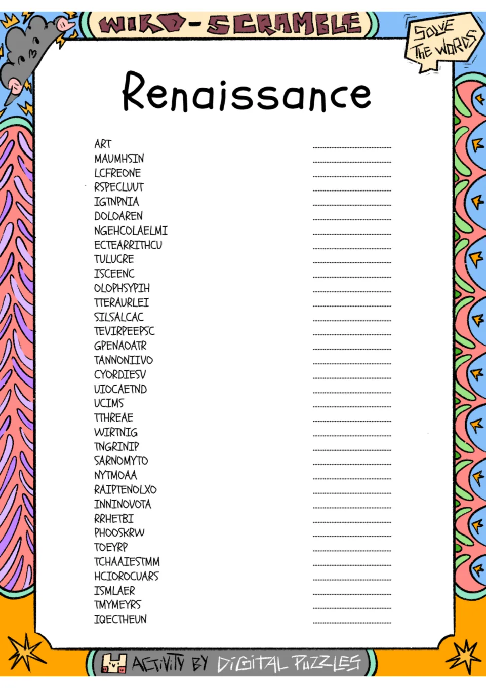 Renaissance word scramble: students unscramble 34 terms such as MAUMHSIN and LCFREONE and write each word on its line