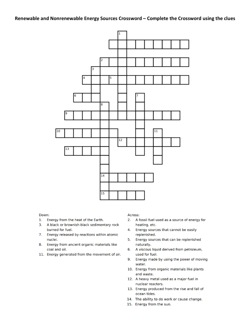 Energy sources crossword: students solve 15 clues on solar, wind, coal, uranium and tidal energy with no word bank