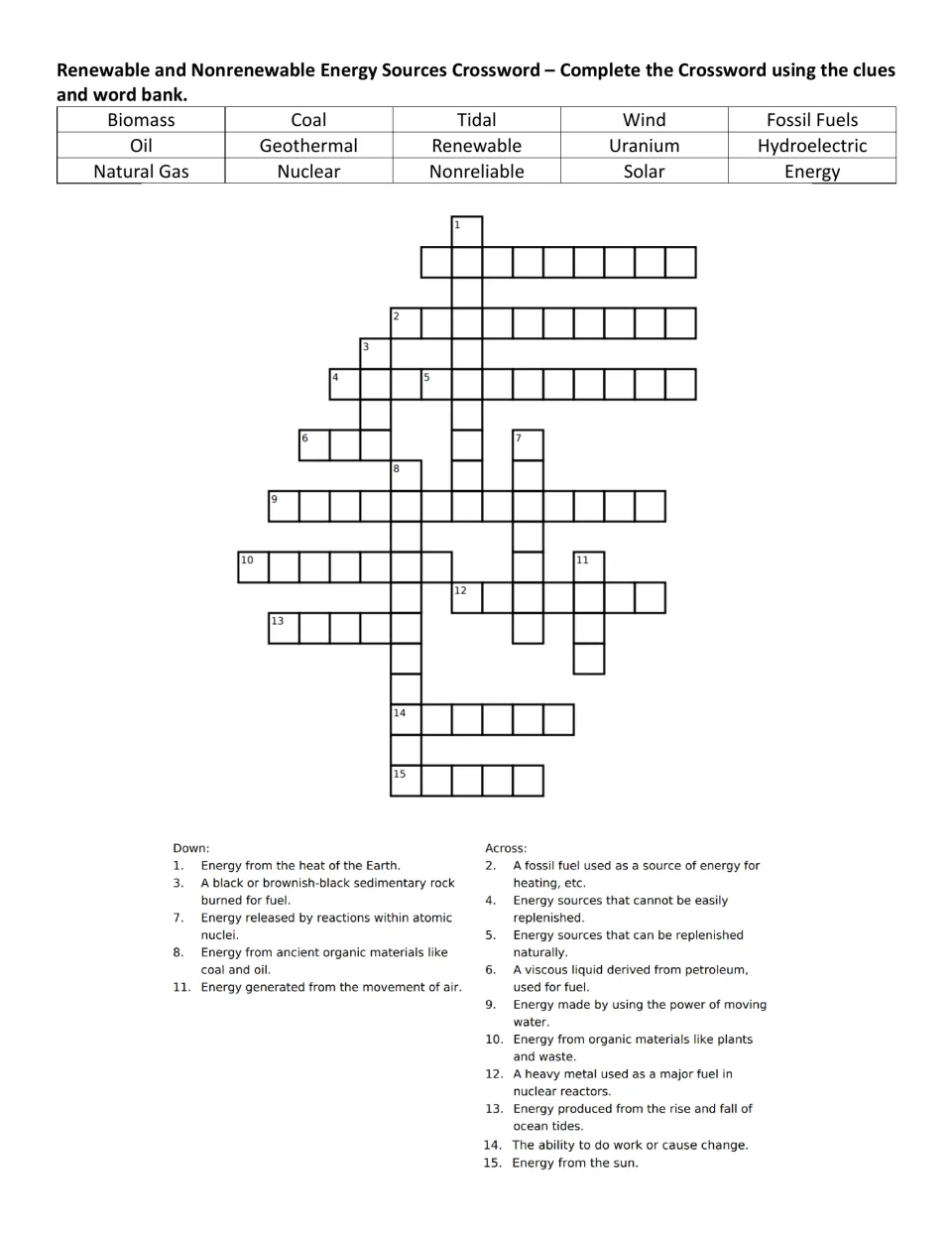 Energy sources crossword with a 15-term word bank: students match clues to terms like biomass, geothermal and fossil fuels