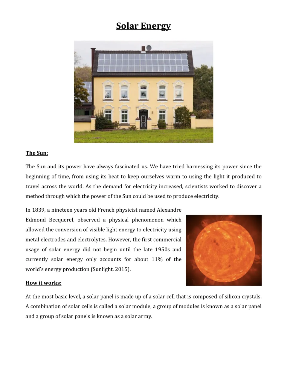 Solar Energy reading on Becquerel's 1839 discovery, its 11% world share, and how solar cells form modules and panels