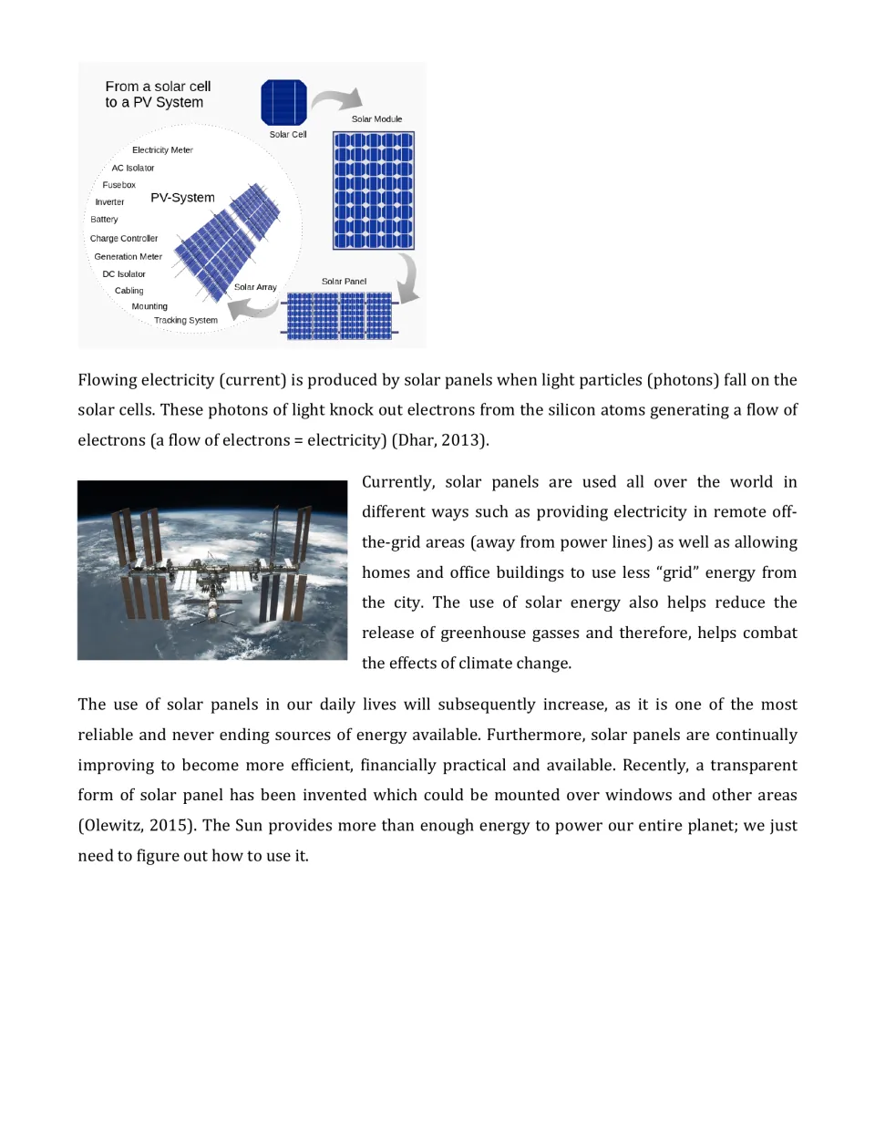 Solar reading continued: diagram from solar cell to PV system, photons freeing electrons and the space station's arrays