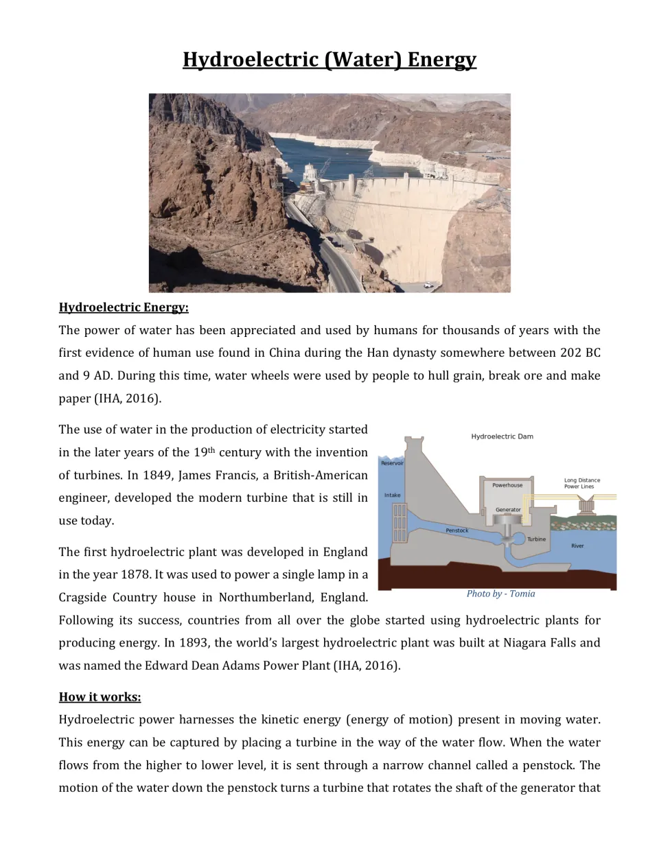 Hydroelectric Energy reading: Han dynasty water wheels, Francis's 1849 turbine, the first plant and a labeled dam diagram