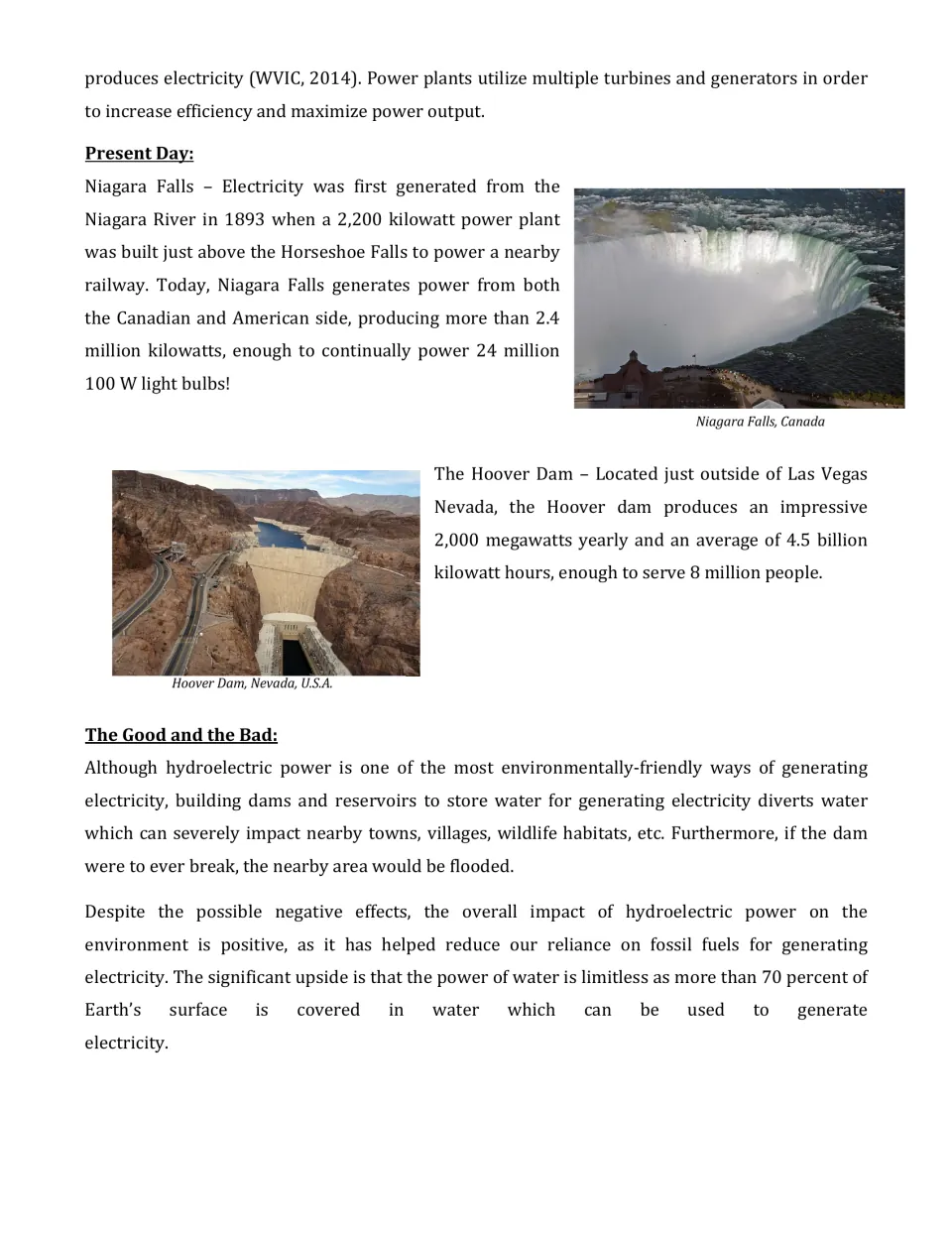 Hydroelectric reading continued: Niagara Falls and Hoover Dam output figures, plus the good and bad effects of dams