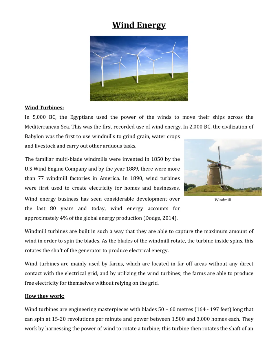 Wind Energy reading: Egyptian sailing and Babylonian windmills, 4% global share, and how turbine blades drive a generator