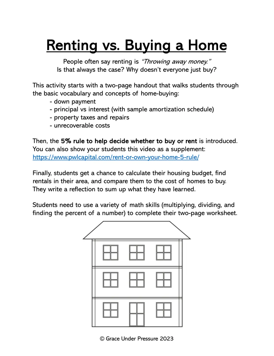 Renting vs. Buying a Home overview: handout on down payments, interest and unrecoverable costs, the 5% rule and a worksheet