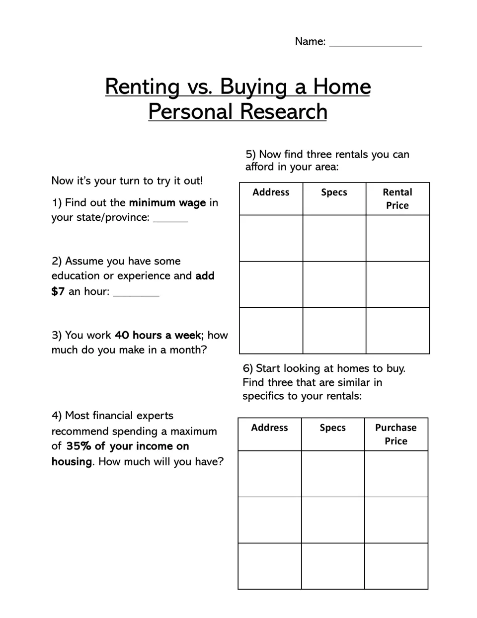 Personal research: students find minimum wage, monthly pay and a 35% housing budget, then list three rentals and three homes