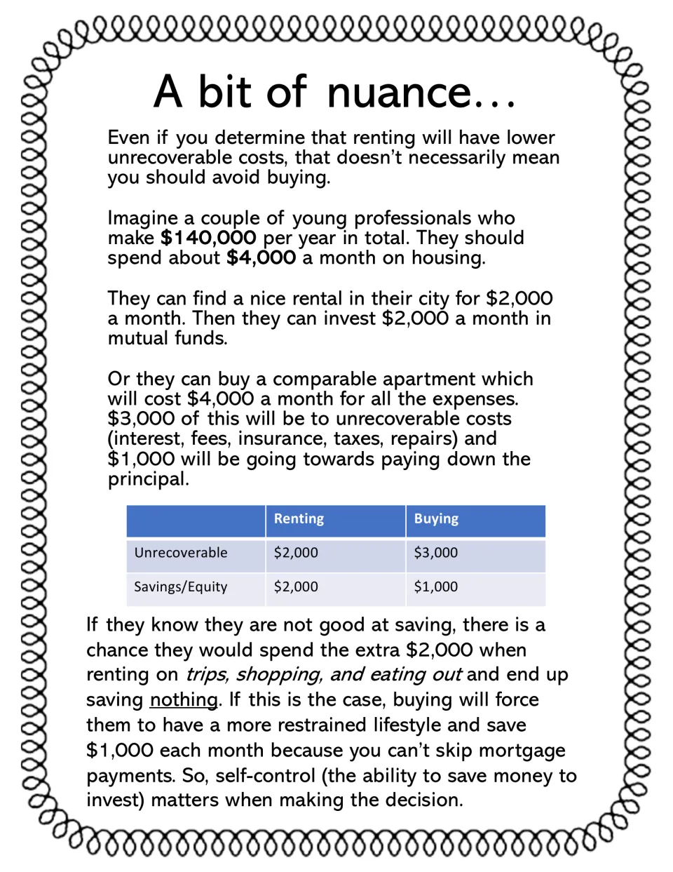 Nuance case study: a couple earning $140,000 compares renting vs buying costs and savings, showing why self-control matters