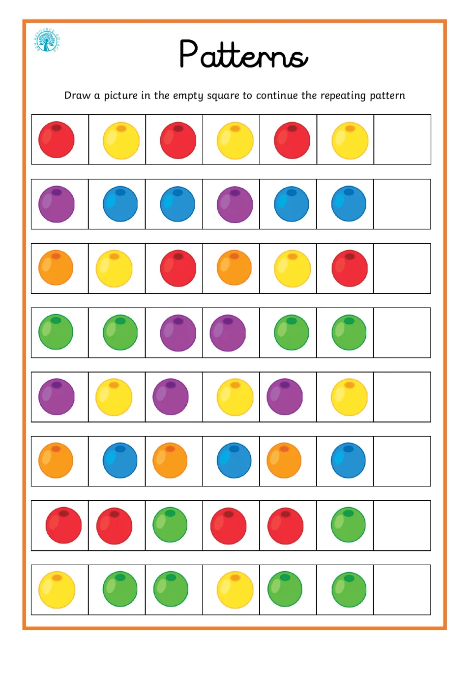 Patterns with colored balls: students draw the next ball to continue 8 repeating color patterns such as red-yellow
