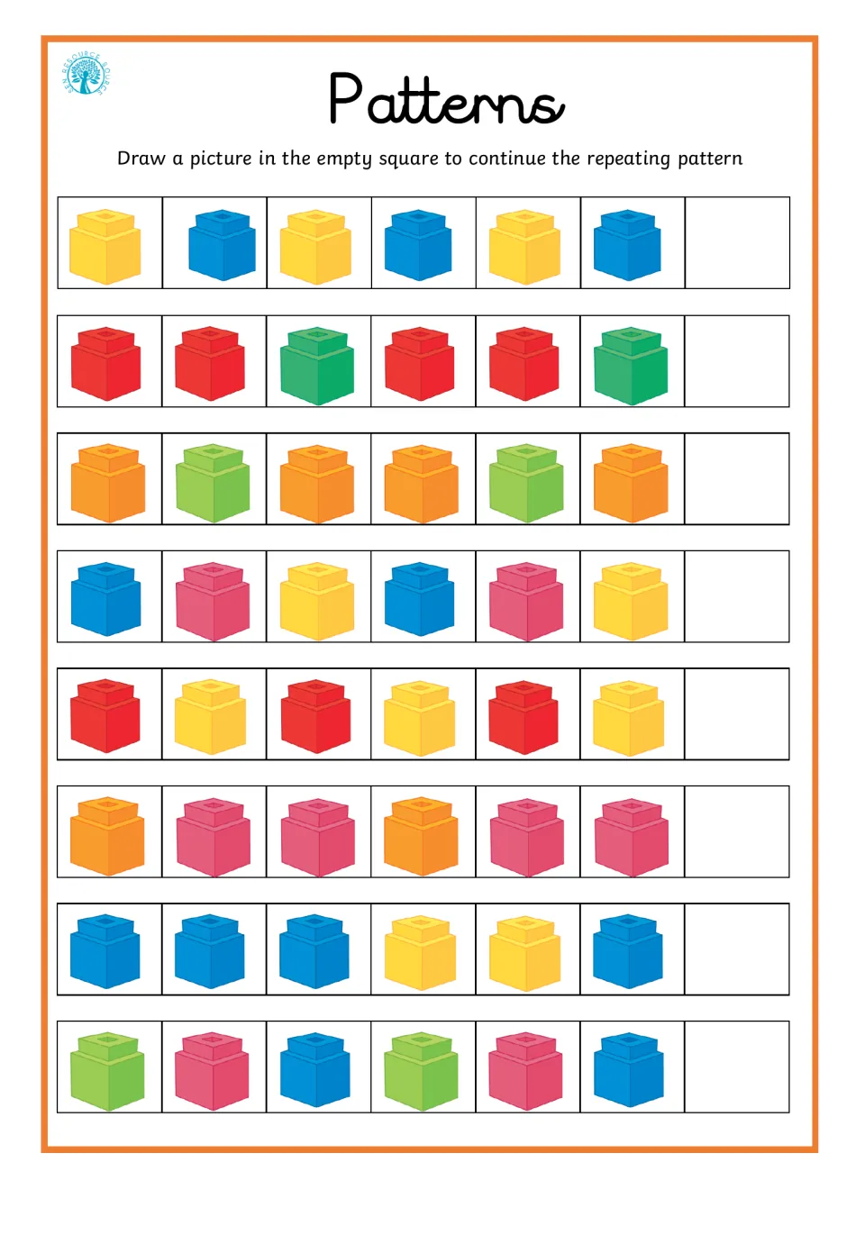 Patterns with linking cubes: students extend 8 repeating color patterns by drawing the next cube, e.g. yellow-blue