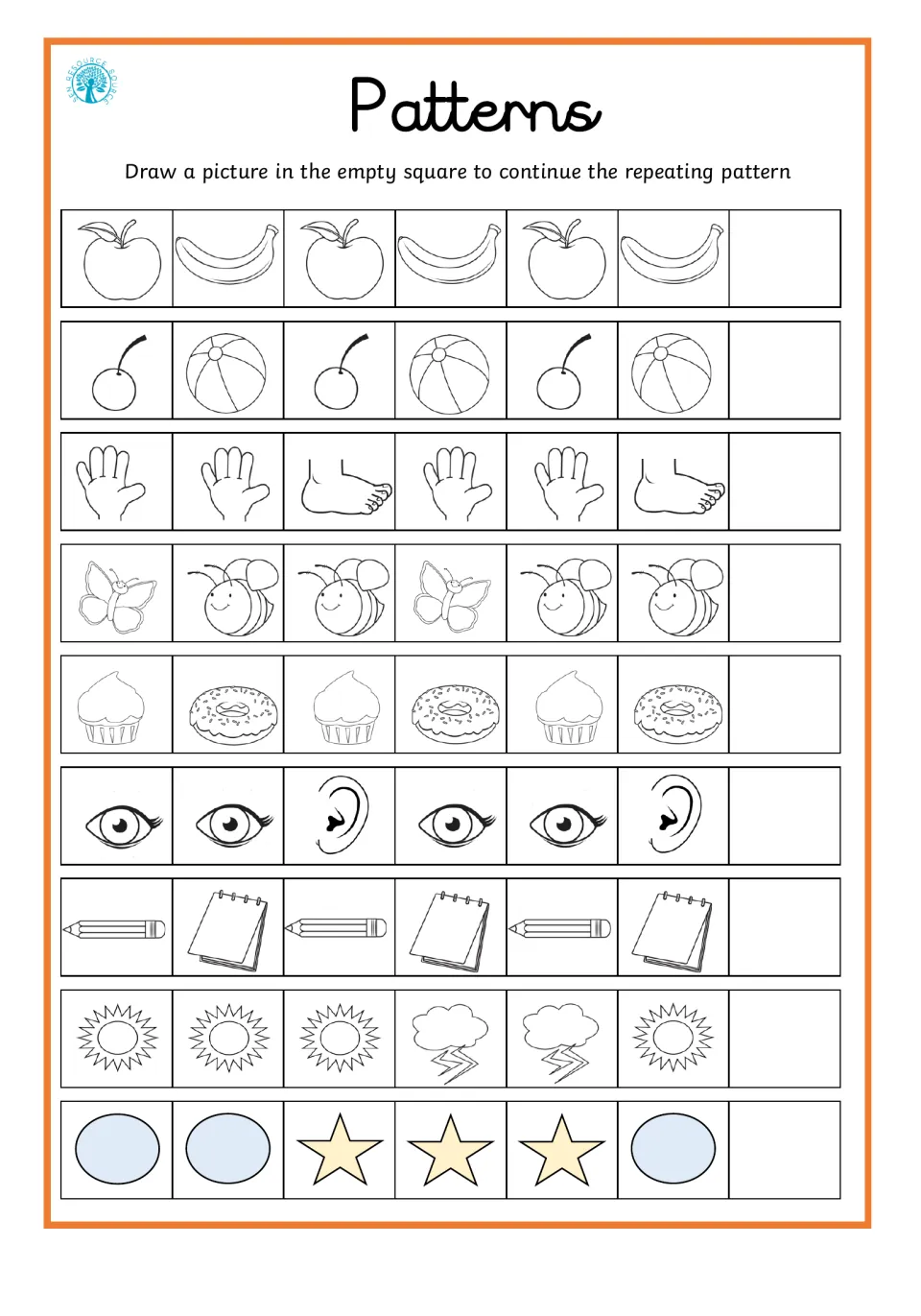 Picture patterns: students draw what comes next in 9 rows such as apple-banana, hand-foot, eye-ear and sun-storm cloud