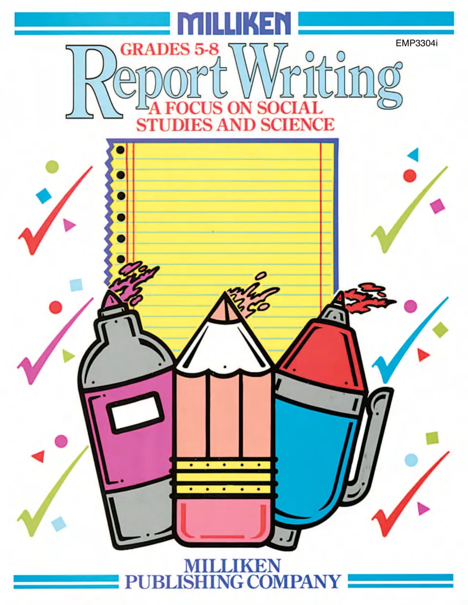 Report Writing, Grades 5-8 cover: a focus on social studies and science, shown with lined paper, a pencil and markers
